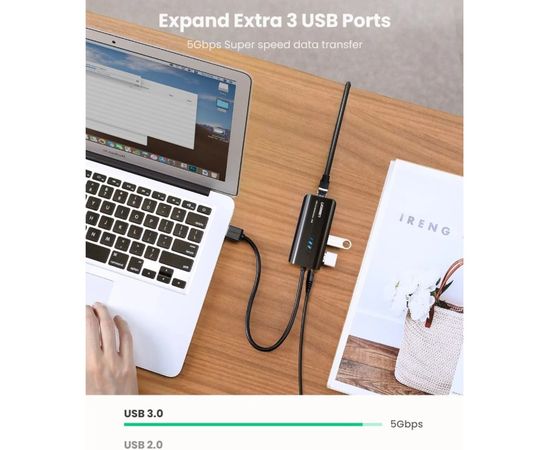  Адаптер сетевой UGreen 20265 USB 3.0 Hub with Gigabit Ethernet Adapter черный 