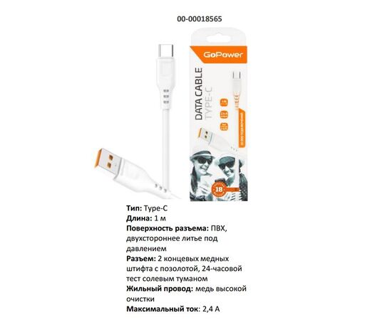  Кабель GoPower GP01T USB (m)-Type-C (m) 1.0м 2.4A ПВХ белый (1/800) 