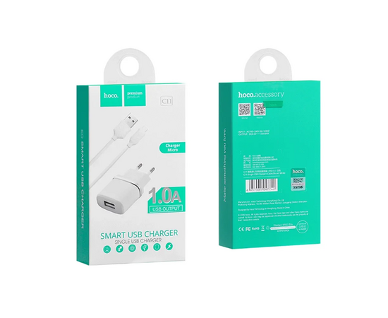  Блок питания сетевой 1 USB HOCO, C11, 1000mA, пластик, кабель микро USB, цвет: белый (1/10/100) 
