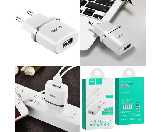  Блок питания сетевой 1 USB HOCO, C11, 1000mA, пластик, кабель микро USB, цвет: белый (1/10/100) 