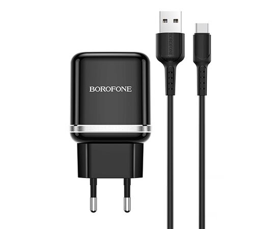  Адаптер Сетевой с кабелем Borofone BA36A High 1USB/5V/3A QC3.0 +Type-C (black) (133680) 