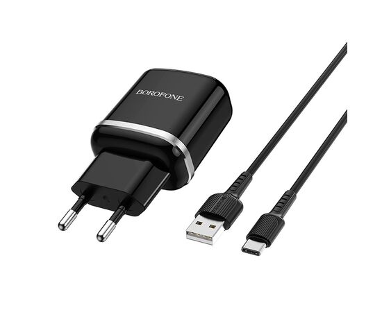  Адаптер Сетевой с кабелем Borofone BA36A High 1USB/5V/3A QC3.0 +Type-C (black) (133680) 
