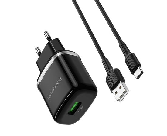  Адаптер Сетевой с кабелем Borofone BA36A High 1USB/5V/3A QC3.0 +Type-C (black) (133680) 