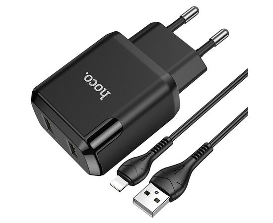  Сетевое зарядное устройство HOCO N7 Speedy 2xUSB с Кабелем USB - Lightning, 2.1A, 10W, черный 