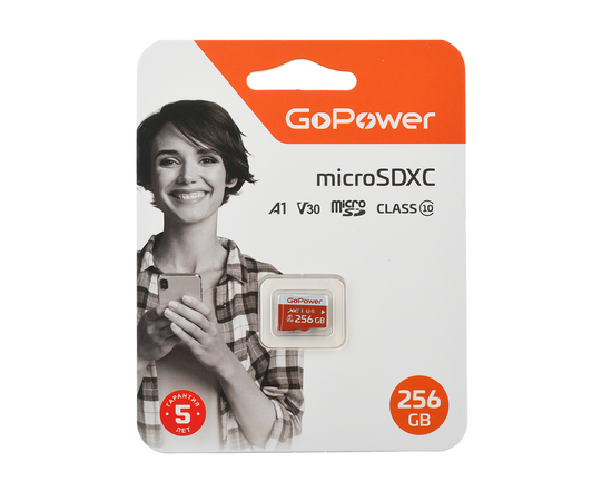  Карта памяти microSD GoPower 256GB Class10 UHS-I (U3) 100 МБ/сек V30 без адаптера 