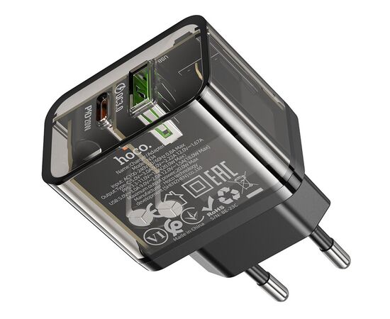  СЗУ HOCO N34 Dazzling dual-port USB-A+Type-C PD20W, Type-C to Type-C (прозрачный-черный) 