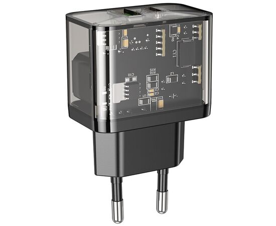  СЗУ HOCO N34 Dazzling dual-port USB-A+Type-C PD20W, Type-C to Type-C (прозрачный-черный) 