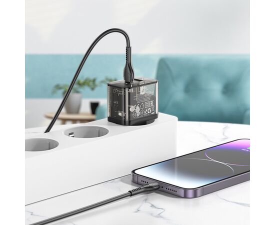  СЗУ HOCO N34 Dazzling dual-port USB-A+Type-C PD20W, Type-C to Type-C (прозрачный-черный) 
