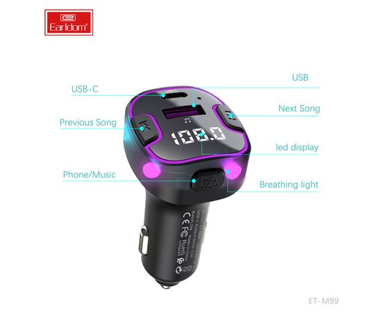  ФМ модулятор (USB выход + USB-C, Bluetooth) Earldom ET-M99, 3.1A, с подсветкой 