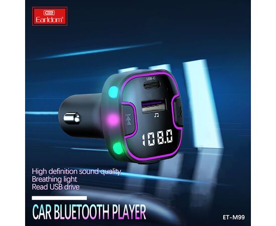  ФМ модулятор (USB выход + USB-C, Bluetooth) Earldom ET-M99, 3.1A, с подсветкой 