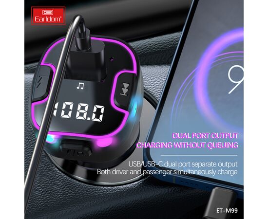  ФМ модулятор (USB выход + USB-C, Bluetooth) Earldom ET-M99, 3.1A, с подсветкой 