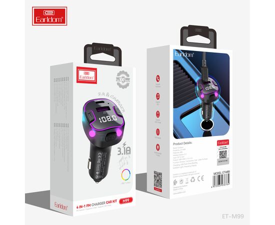  ФМ модулятор (USB выход + USB-C, Bluetooth) Earldom ET-M99, 3.1A, с подсветкой 