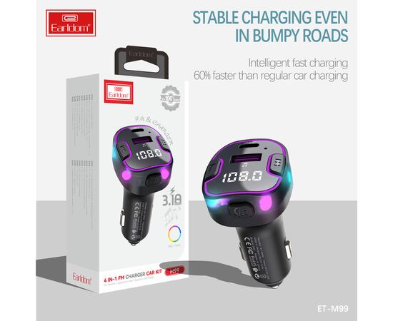  ФМ модулятор (USB выход + USB-C, Bluetooth) Earldom ET-M99, 3.1A, с подсветкой 