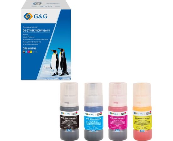  Чернила G&G GG-GT51BK/52CMY-45ml*4 GT51/52 голубой/пурпурный/желтый/черный набор 4x45мл для HP Ink Tank 115/310/315/318/319/515/615 Wireless 410/415/4 